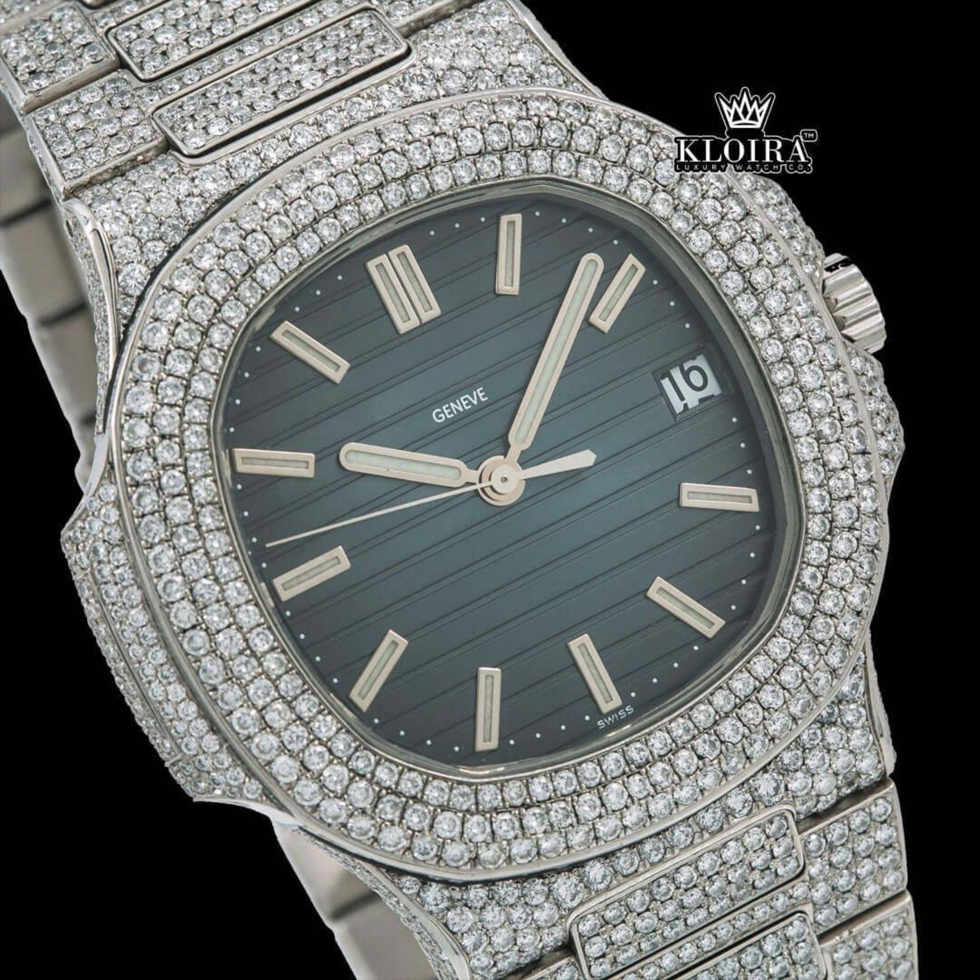 Blue Dial Stick Markers Bust Down Moissanite Diamond Watch Close Up Dial View