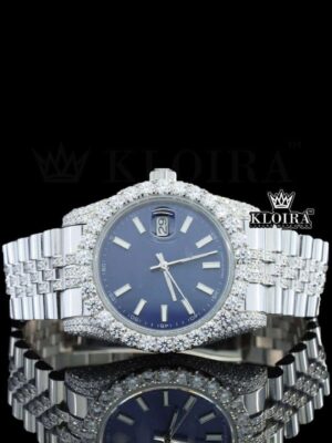 Blue Dial Stick Markers Diamond Link Strap Iced Out Moissanite Watch