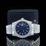 Blue Dial Stick Markers Fully Iced Out White Gold Natural Diamond Watch Close Up Dial View