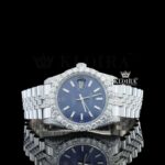 Blue Dial Stick Markers Fully Iced Out White Gold Natural Diamond Watch