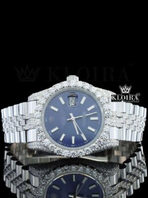 Blue Dial Stick Markers Fully Iced Out White Gold Natural Diamond Watch