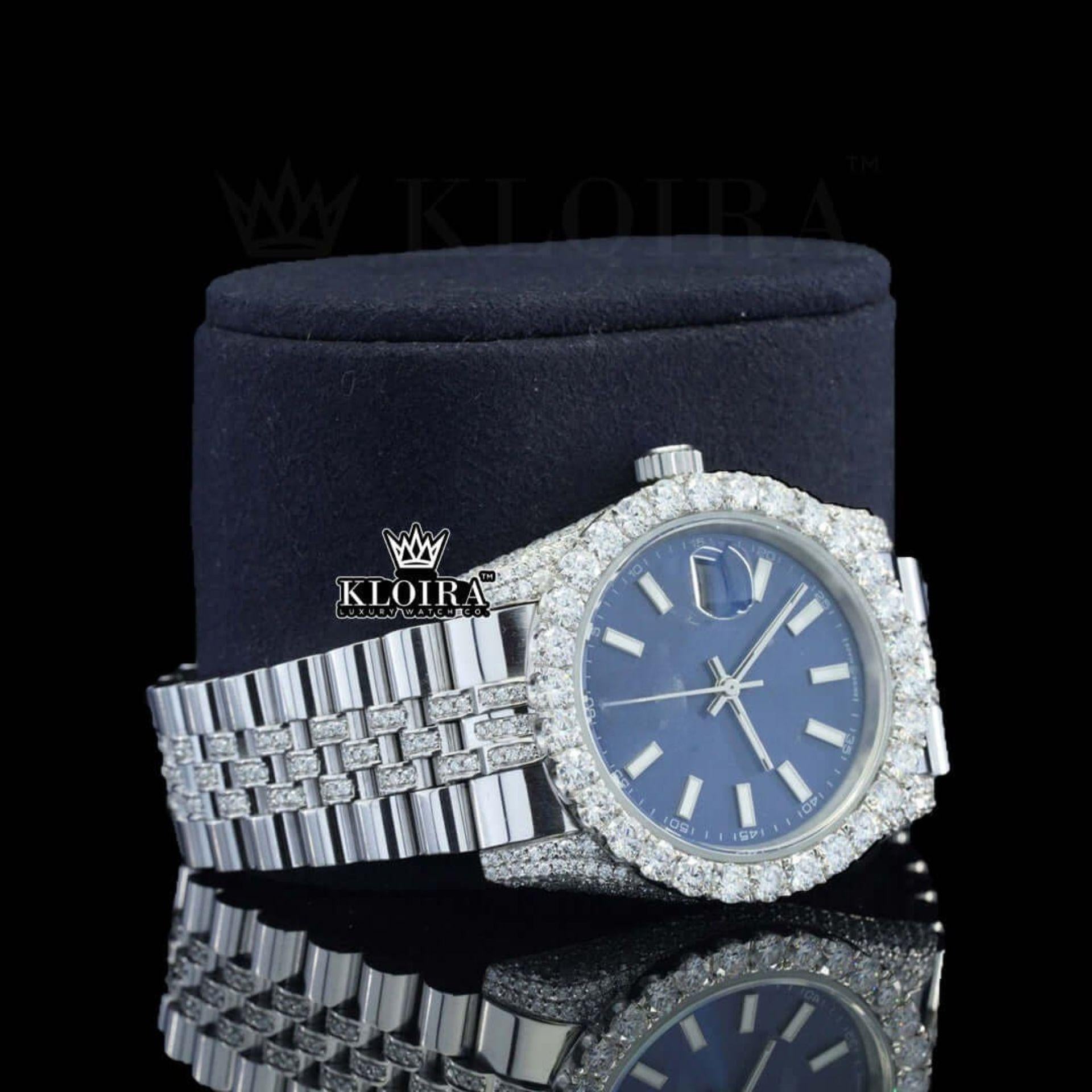 Blue Dial Stick Markers Fully Iced Out White Gold Natural Diamond Watch Right Side View