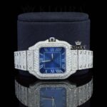 Blue Dial White Roman Numerals Full Iced Out Moissanite Watch Close Up Front View