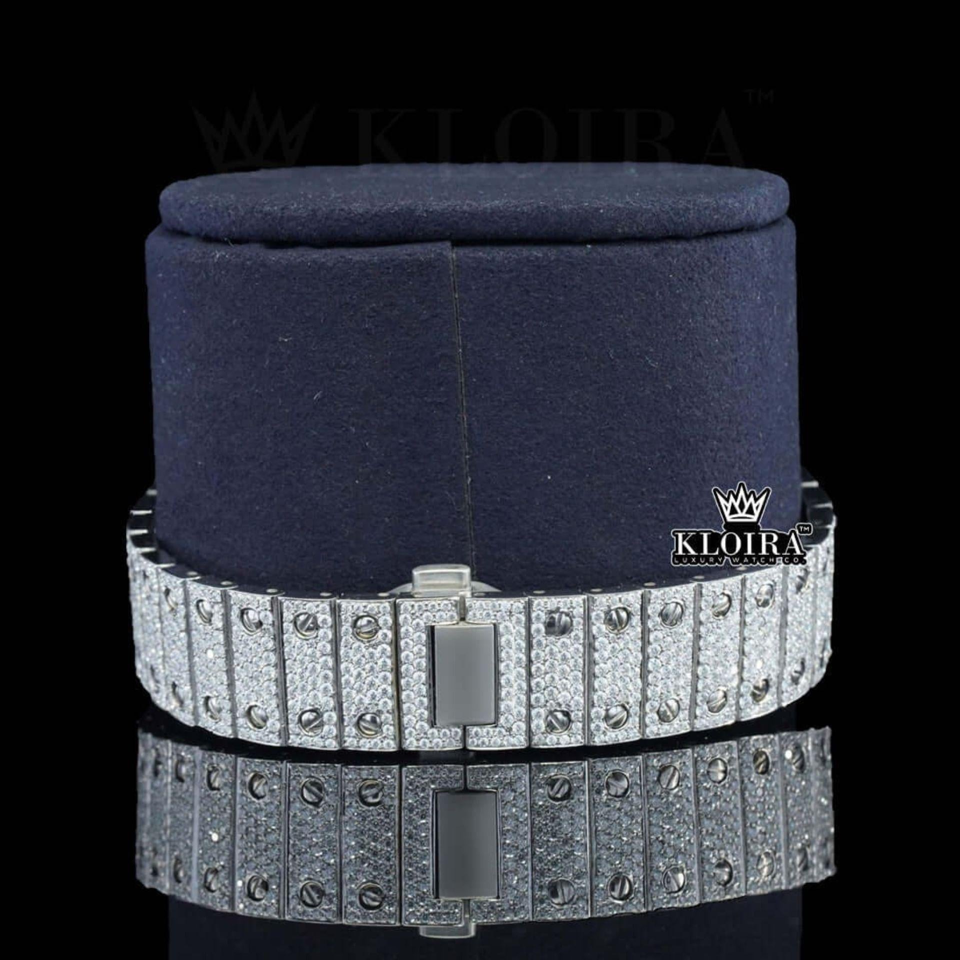Blue Dial White Roman Numerals Full Iced Out Moissanite Watch Crown View