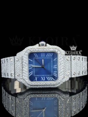 Blue Dial White Roman Numerals Full Iced Out Moissanite Watch