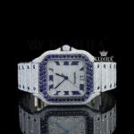 Blue Diamond Bezel Roman Dial Two Tone Moissanite Watch Close Up Front View
