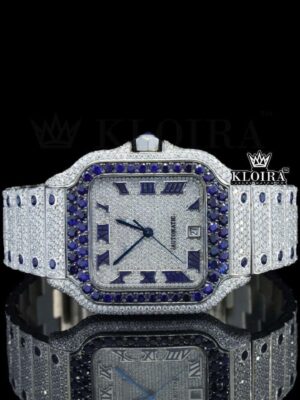 Blue Diamond Bezel Roman Dial Two Tone Moissanite Watch