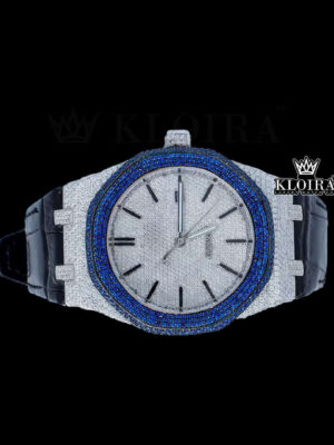 Blue Diamond Bezel Stick Markers Dial Leather Strap Moissanite Watch