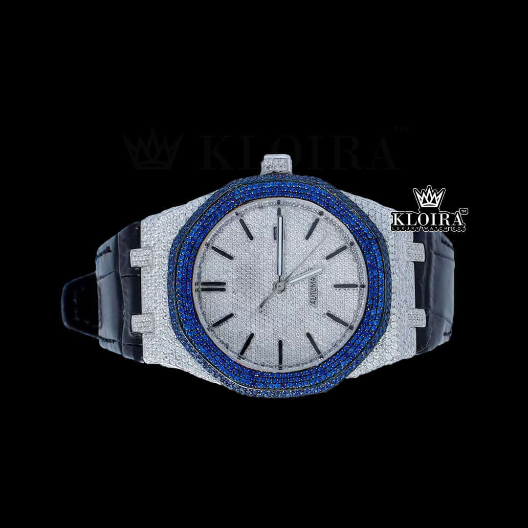 Blue Diamond Bezel Stick Markers Dial Leather Strap Moissanite Watch Front View