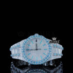 Blue Diamond Bezel Stick Markers White Dial Iced Out Moissanite Watch