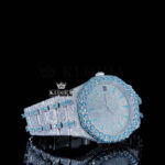 Blue Diamond Bezel Stick Markers White Dial Iced Out Moissanite Watch Right Profile View