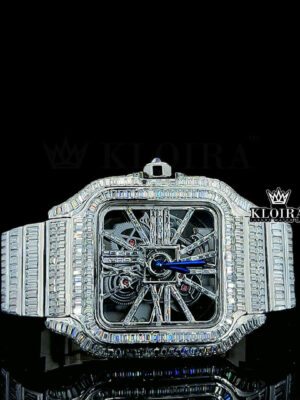 Blue Hands Skeleton Dial Fully Iced Out Baguette Moissanite Watch