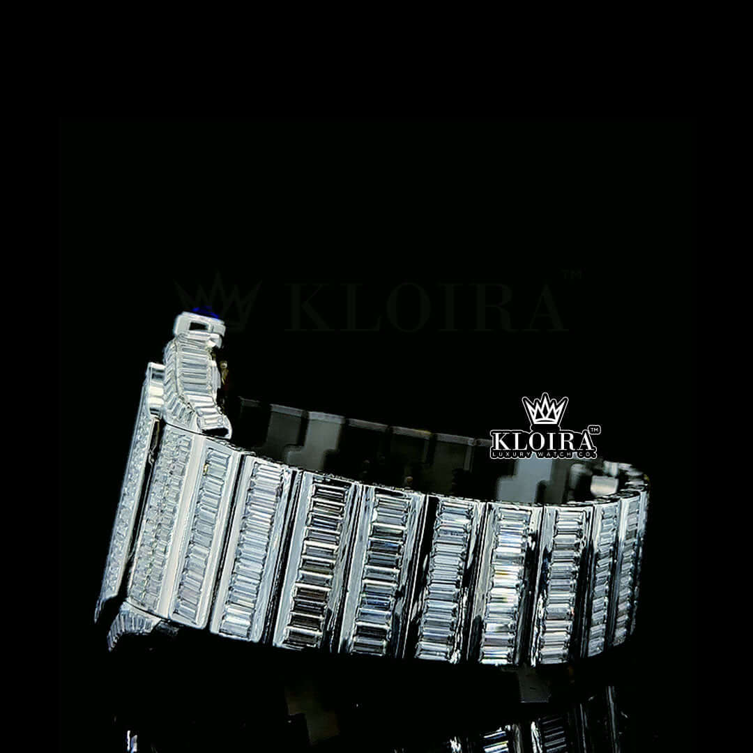 Blue Hands Skeleton Dial Fully Iced Out Baguette Moissanite Watch Left Side Bracelet View