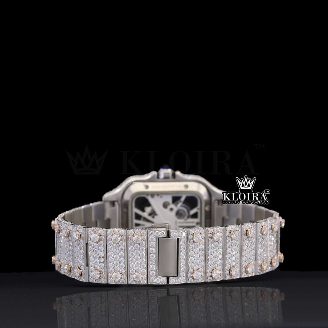 Blue Hands Skeleton Dial Two Tone Iced Out Moissanite Watch Caseback View