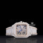Blue Hands Skeleton Dial Two Tone Iced Out Moissanite Watch