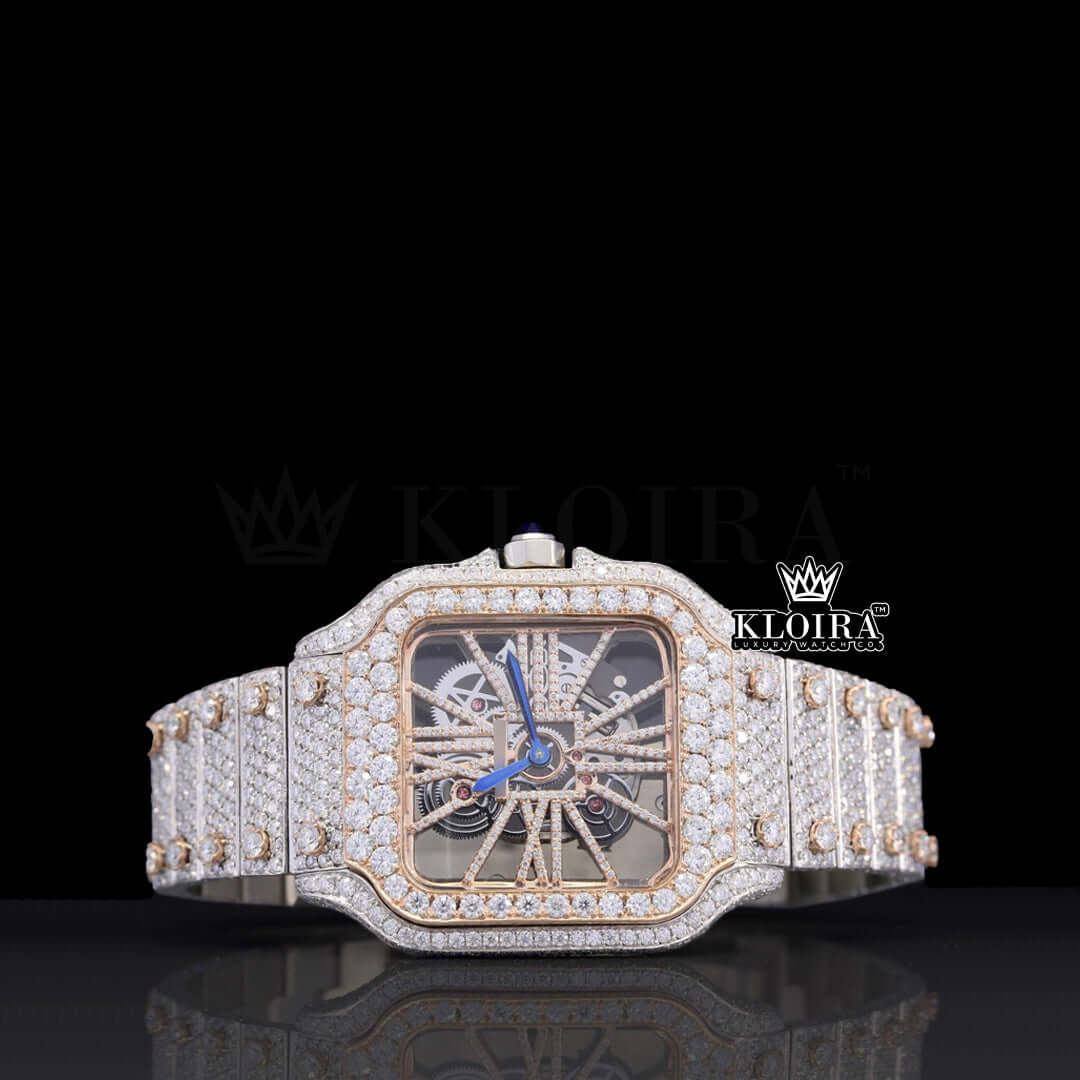 Blue Hands Skeleton Dial Two Tone Iced Out Moissanite Watch Front View