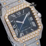 Blue Roman Dial Yellow Gold Bezel Two Tone Moissanite Watch Close Up Dial View