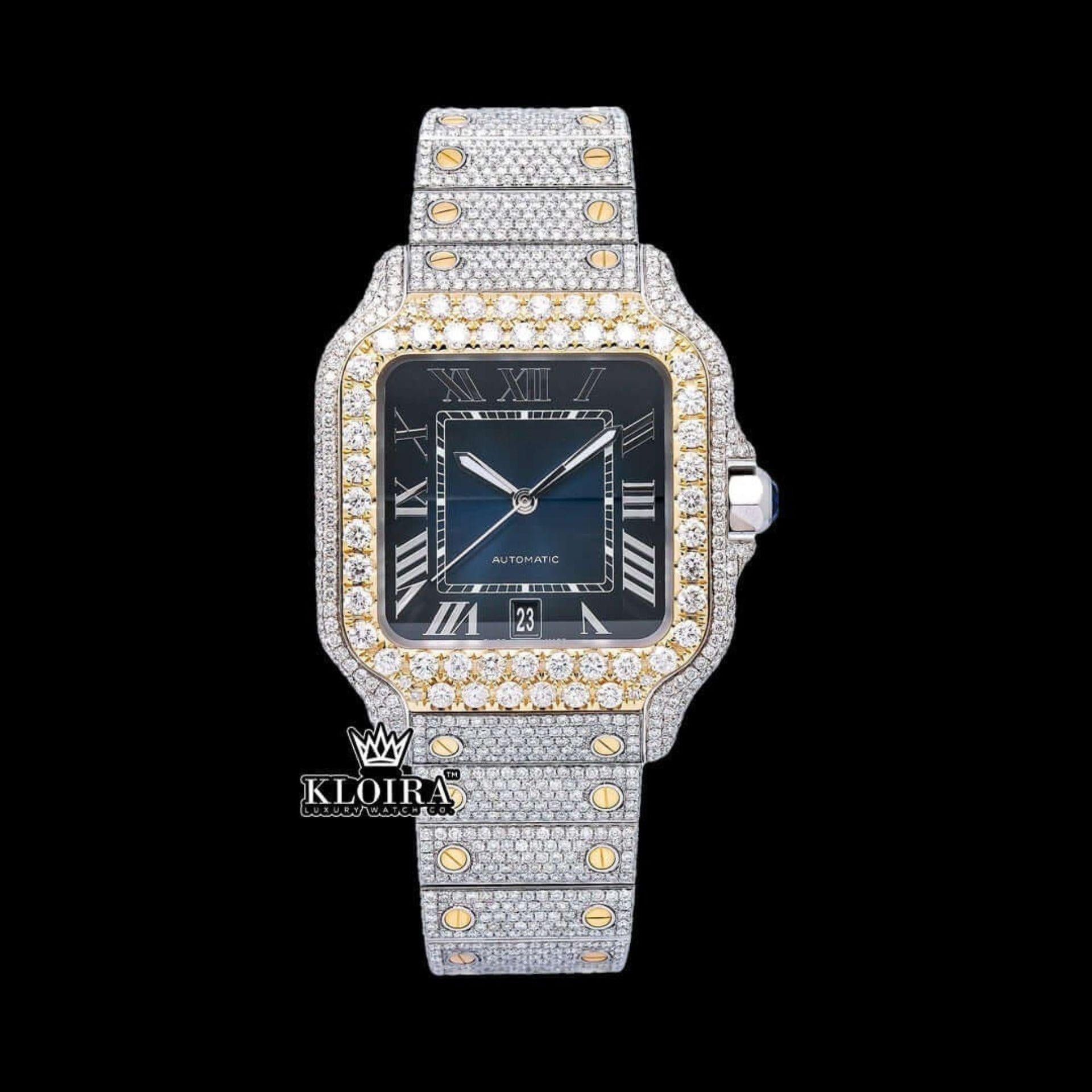 Blue Roman Dial Yellow Gold Bezel Two Tone Moissanite Watch Front View