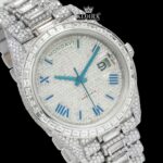 Blue Roman Numerals Dial Baguette Strap Iced Out Moissanite Watch Close Up Dial View