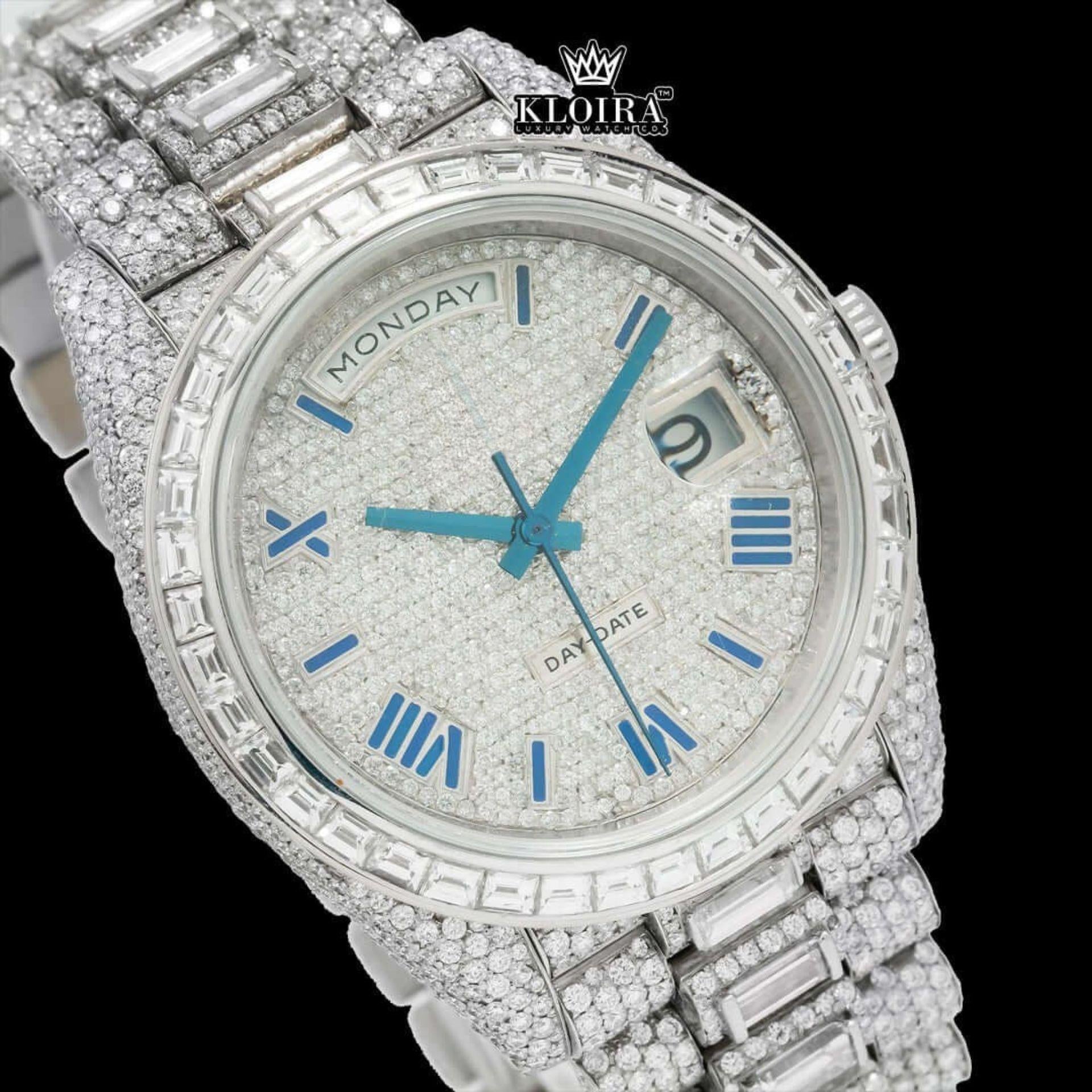 Blue Roman Numerals Dial Baguette Strap Iced Out Moissanite Watch Close Up Dial View