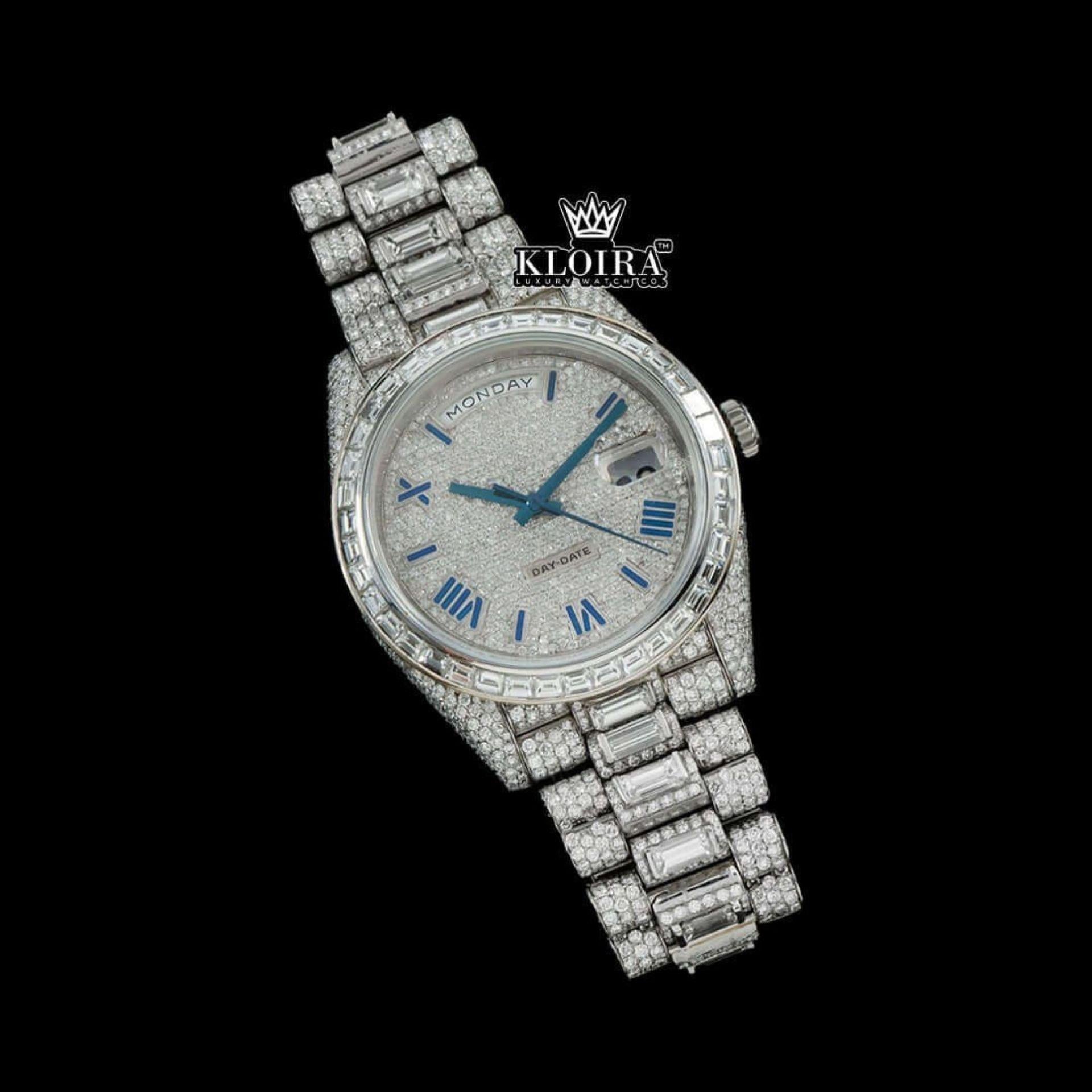 Blue Roman Numerals Dial Baguette Strap Iced Out Moissanite Watch Close Up Front View