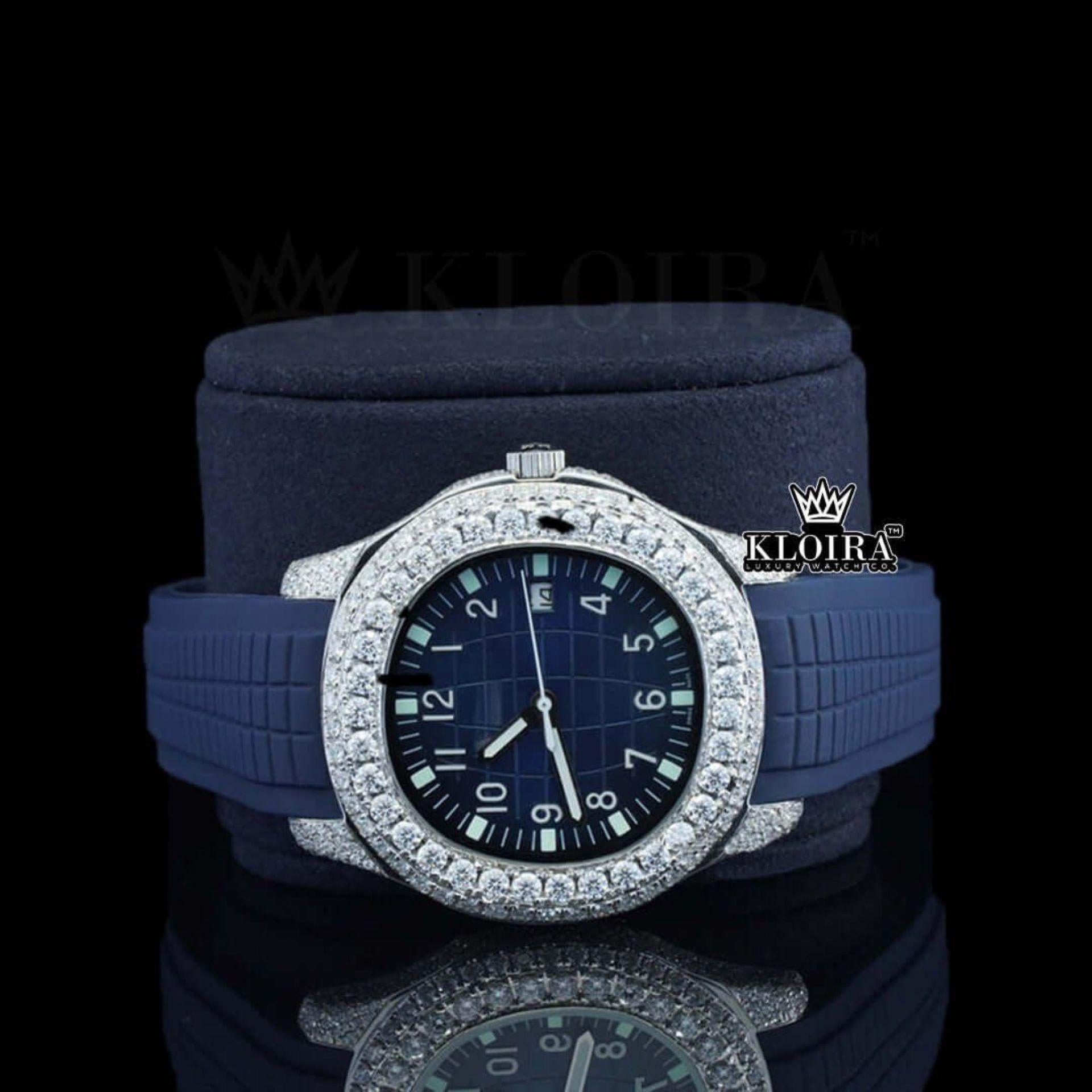 Blue Rubber Strap Blue Dial Semi Iced Moissanite Diamond Watch Close Up Front View