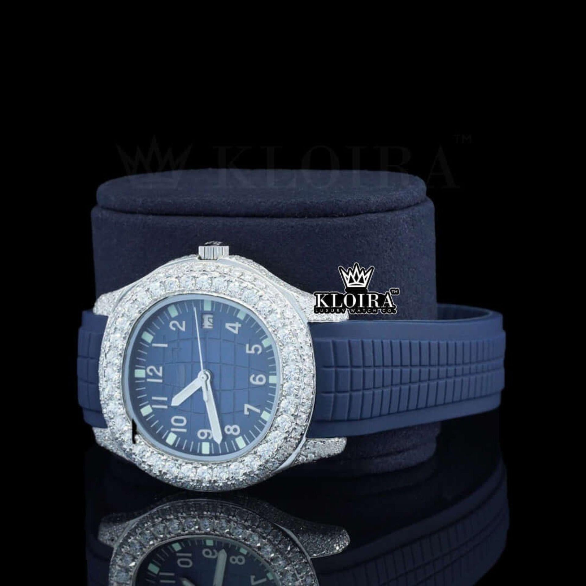 Blue Rubber Strap Blue Dial Semi Iced Moissanite Diamond Watch Left Profile View