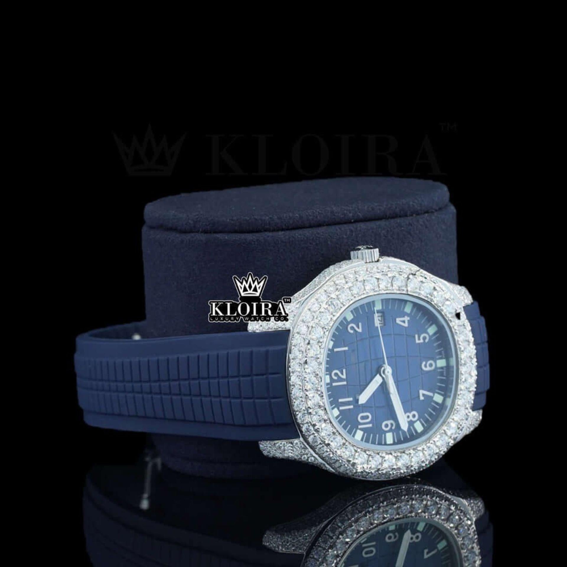 Blue Rubber Strap Blue Dial Semi Iced Moissanite Diamond Watch Right Profile View