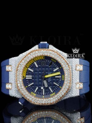 Blue Rubber Strap Blue Dial Semi Iced Out Moissanite Diamond Watch