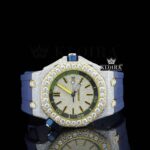 Blue Rubber Strap Iced Out Yellow Dial Moissanite Watch