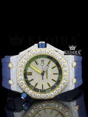 Blue Rubber Strap Iced Out Yellow Dial Moissanite Watch