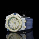 Blue Rubber Strap Iced Out Yellow Dial Moissanite Watch Left Profile View