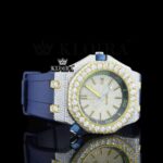 Blue Rubber Strap Iced Out Yellow Dial Moissanite Watch Right Profile View