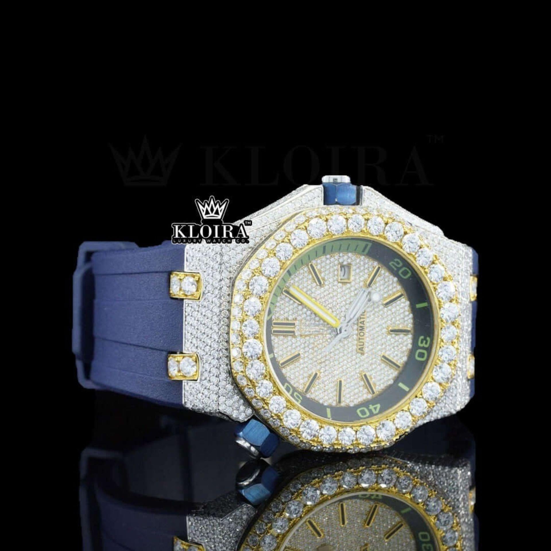 Blue Rubber Strap Iced Out Yellow Dial Moissanite Watch Right Profile View