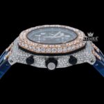 Blue Rubber Strap Two Tone Chronograph Moissanite Watch Crown View