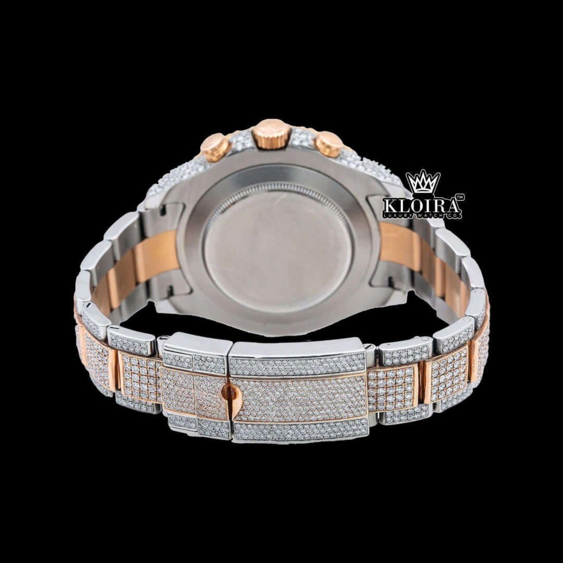 Blue Standard Numerals Sub Dial Two Tone Iced Out Moissanite Watch Caseback View