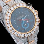 Blue Standard Numerals Sub Dial Two Tone Iced Out Moissanite Watch Close Up Dial View