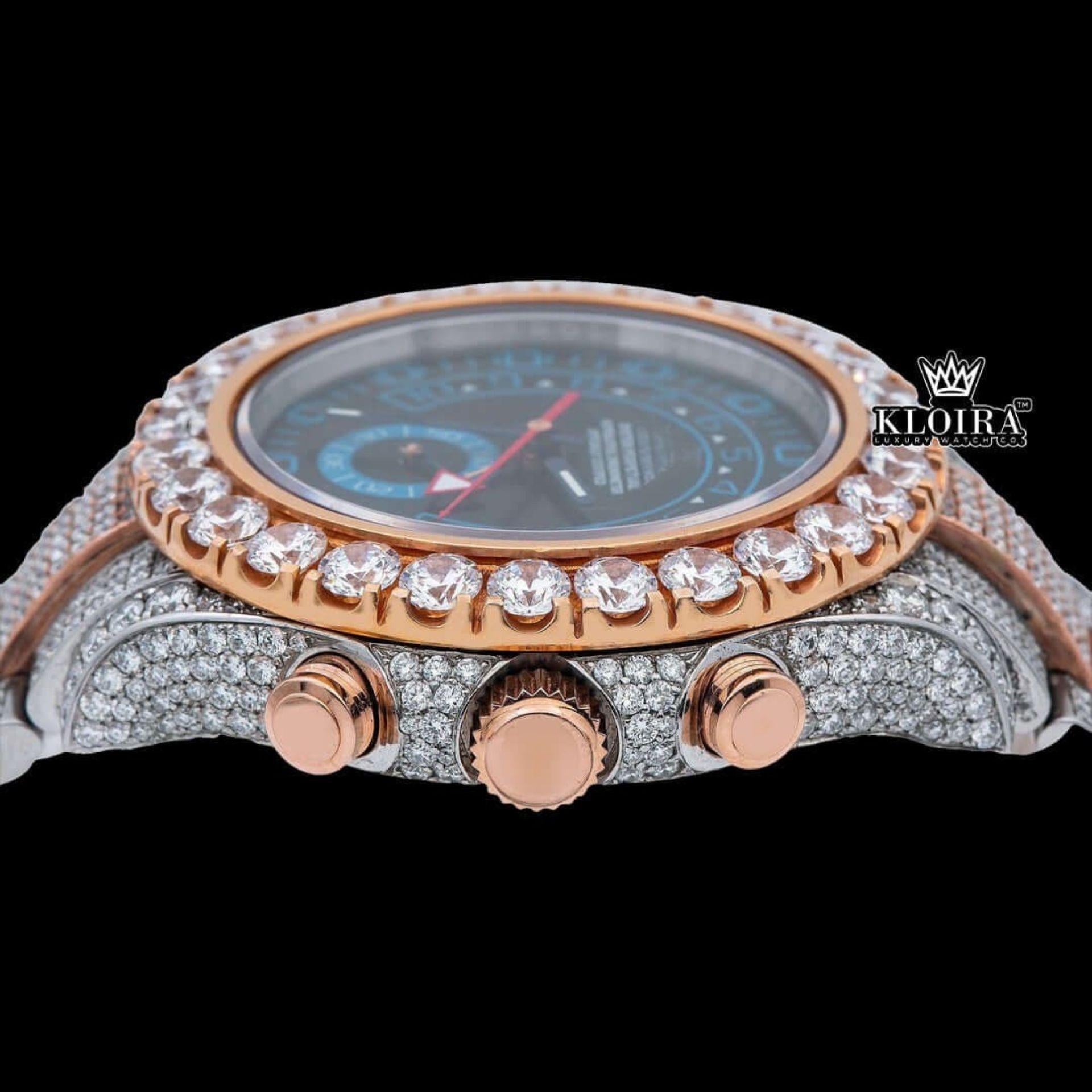 Blue Standard Numerals Sub Dial Two Tone Iced Out Moissanite Watch Crown View