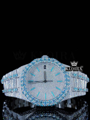 Blue Stick Markers White Dial Fully Iced Out Moissanite Diamond Watch