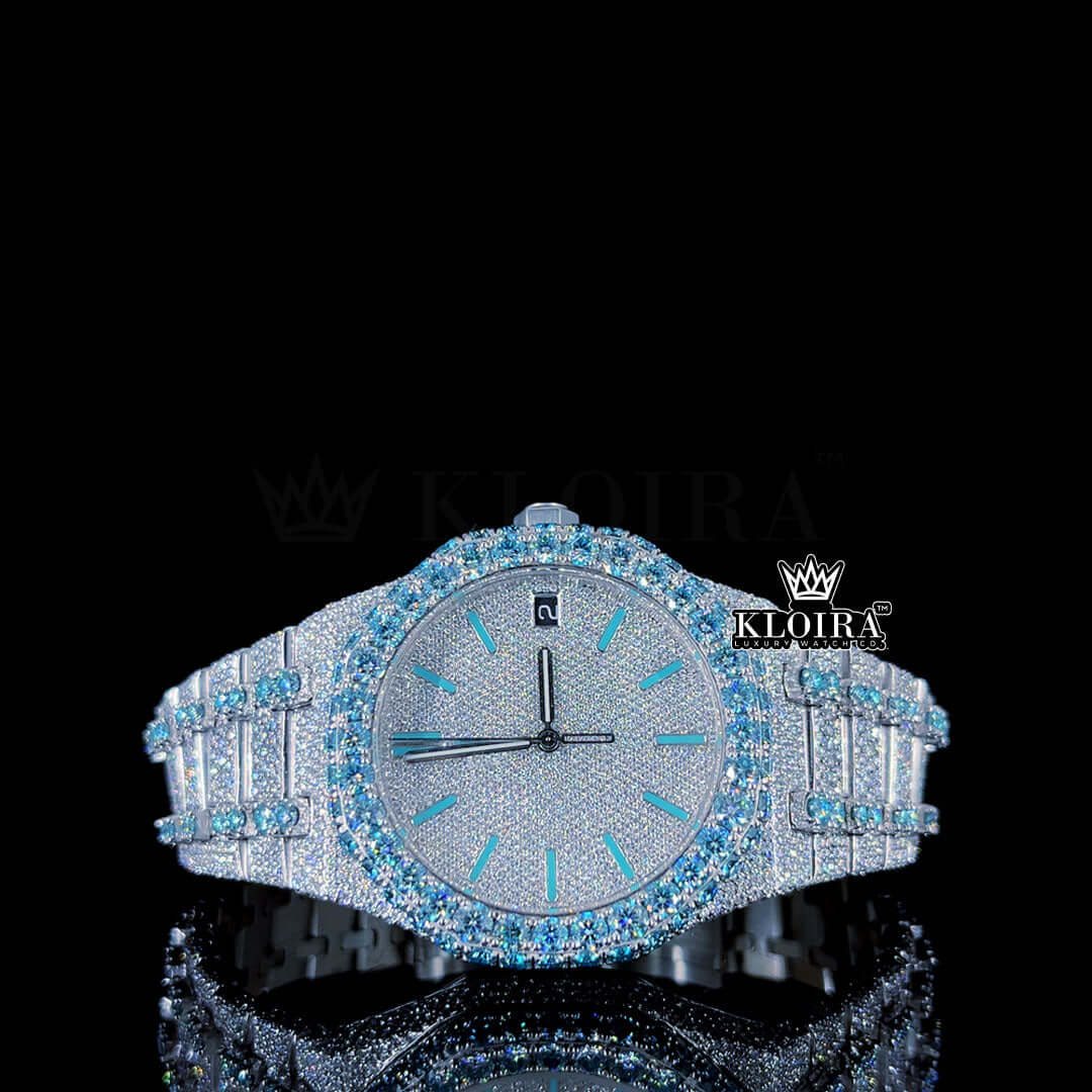 Blue Stick Markers White Dial Fully Iced Out Moissanite Diamond Watch Front View