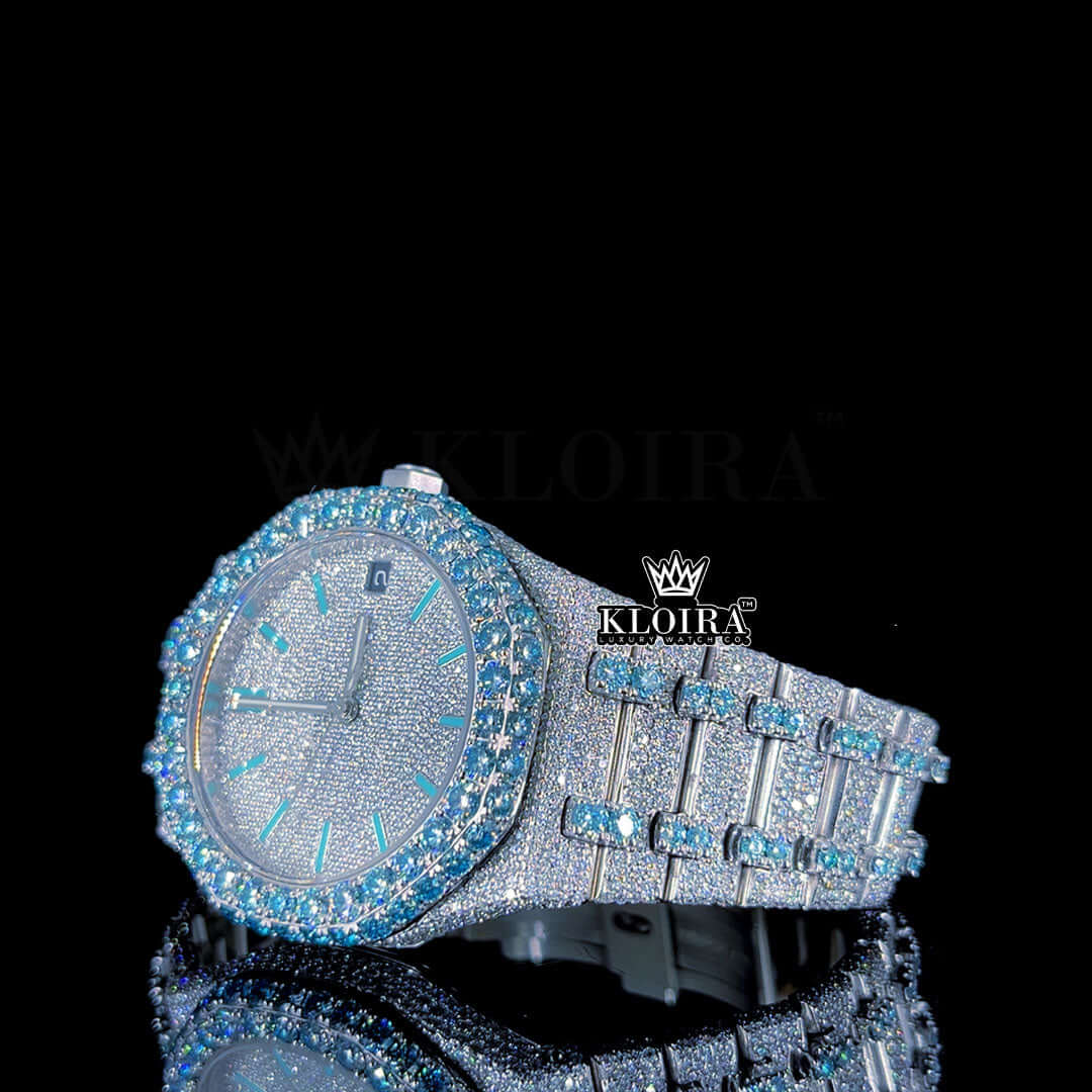 Blue Stick Markers White Dial Fully Iced Out Moissanite Diamond Watch​ Left Profile View