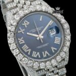 Blue Sunburst Dial Roman Numerals Fully Iced Moissanite Diamond Watch Close Up Dial View