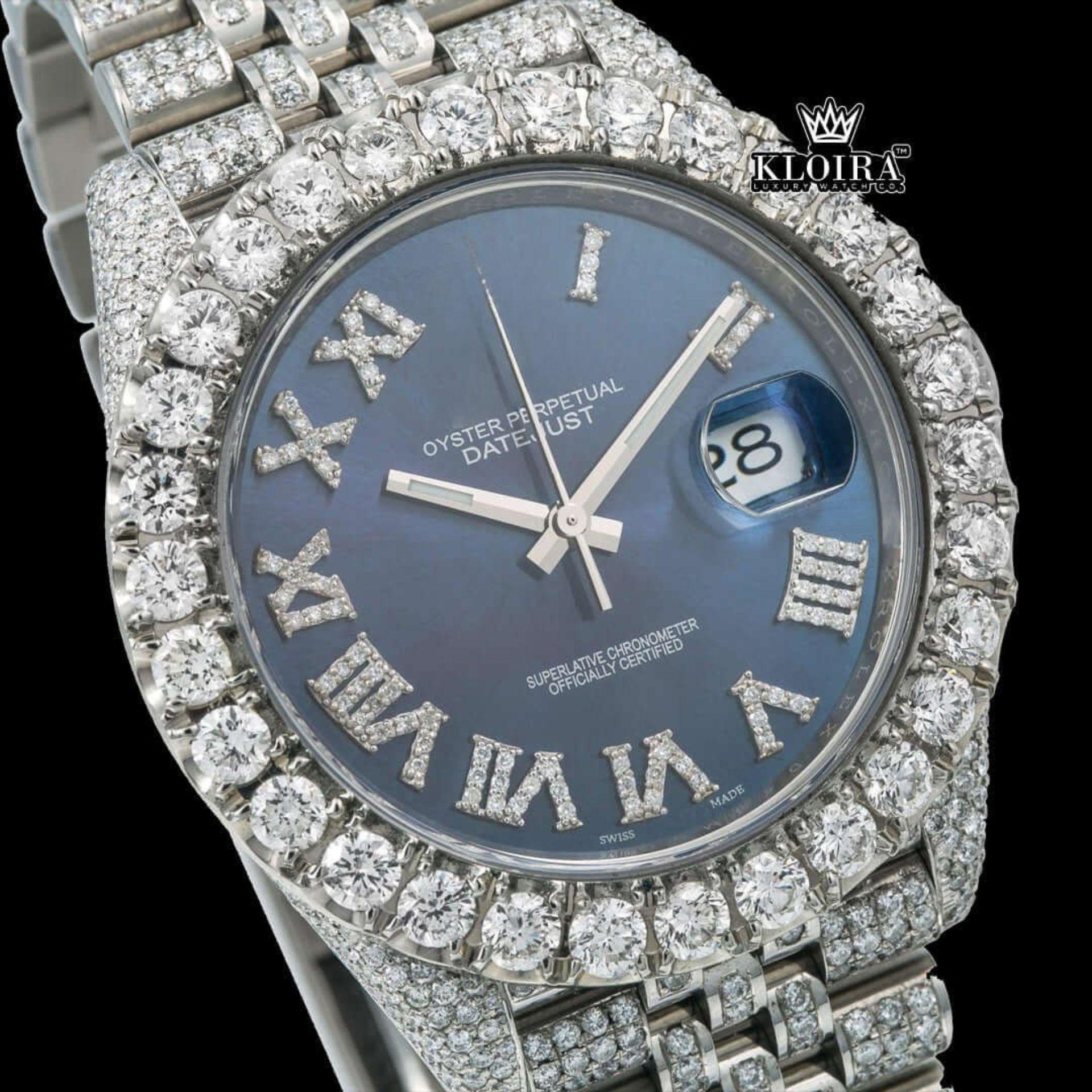 Blue Sunburst Dial Roman Numerals Fully Iced Moissanite Diamond Watch Close Up Dial View