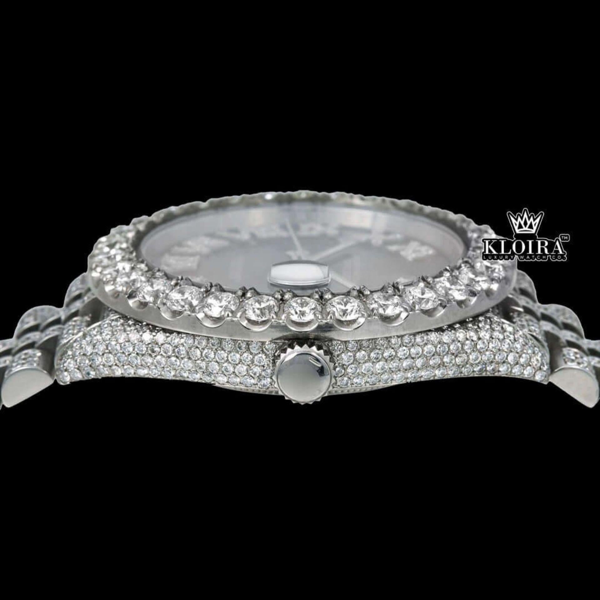 Blue Sunburst Dial Roman Numerals Fully Iced Moissanite Diamond Watch Crown View