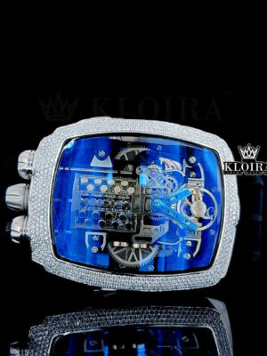 Blue Transparent Skeleton Dial Rubber Strap Semi Iced Out Moissanite Watch