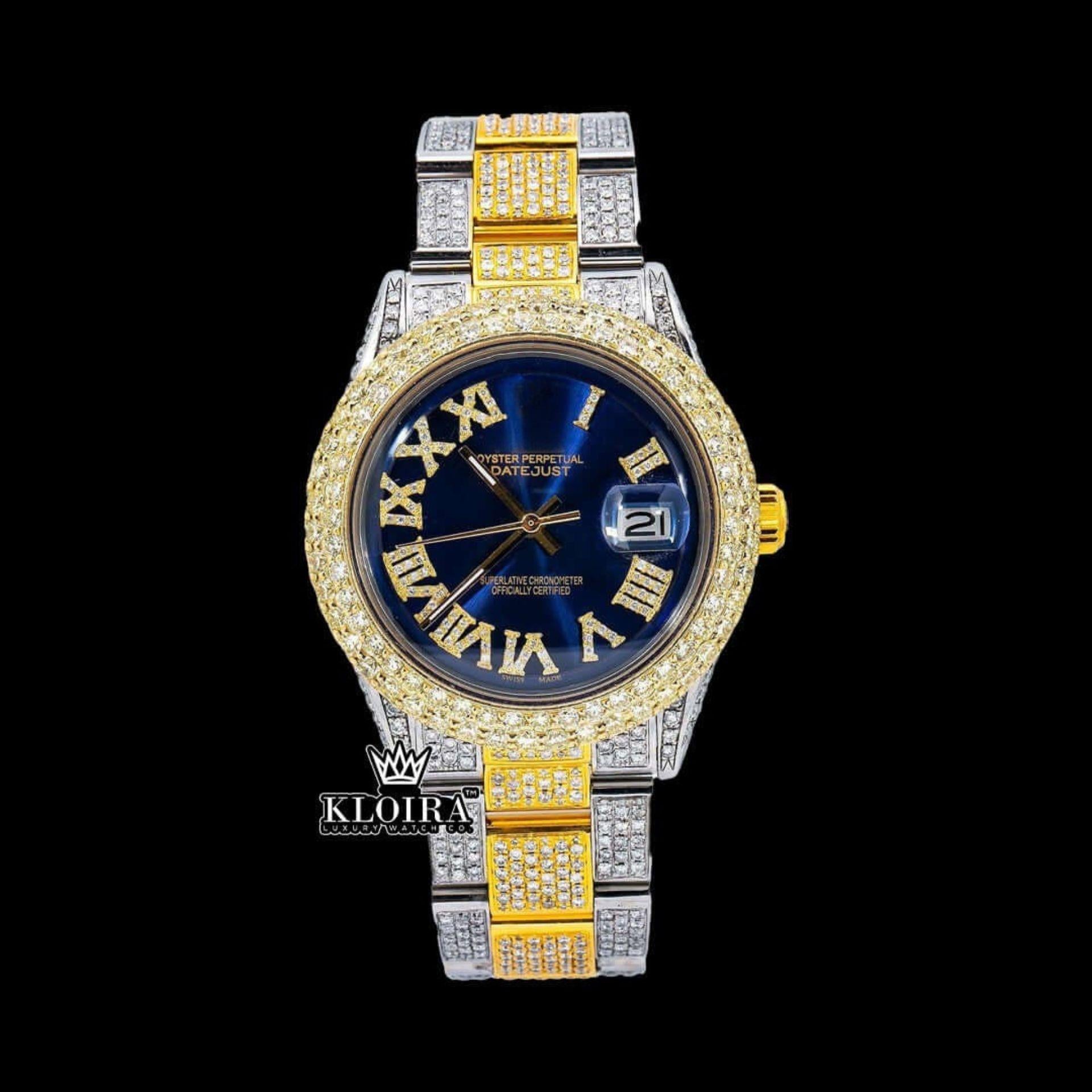 Bold Roman Markers Blue Dial Iced Out Moissanite Diamond Watch Front View
