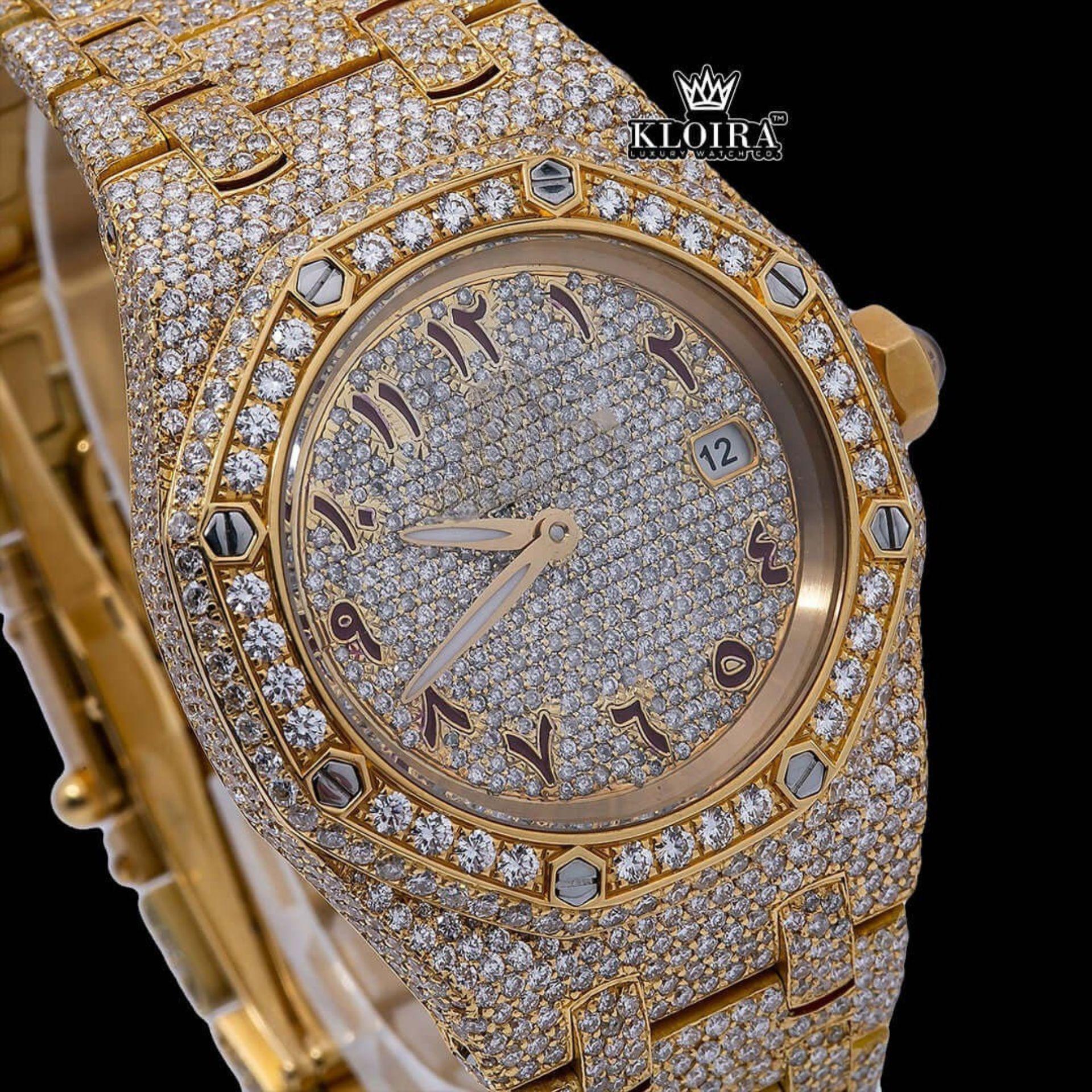 Brown Arabic Numerals Dial Fully Iced Out Yellow Gold Moissanite Watch Close Up Dial View