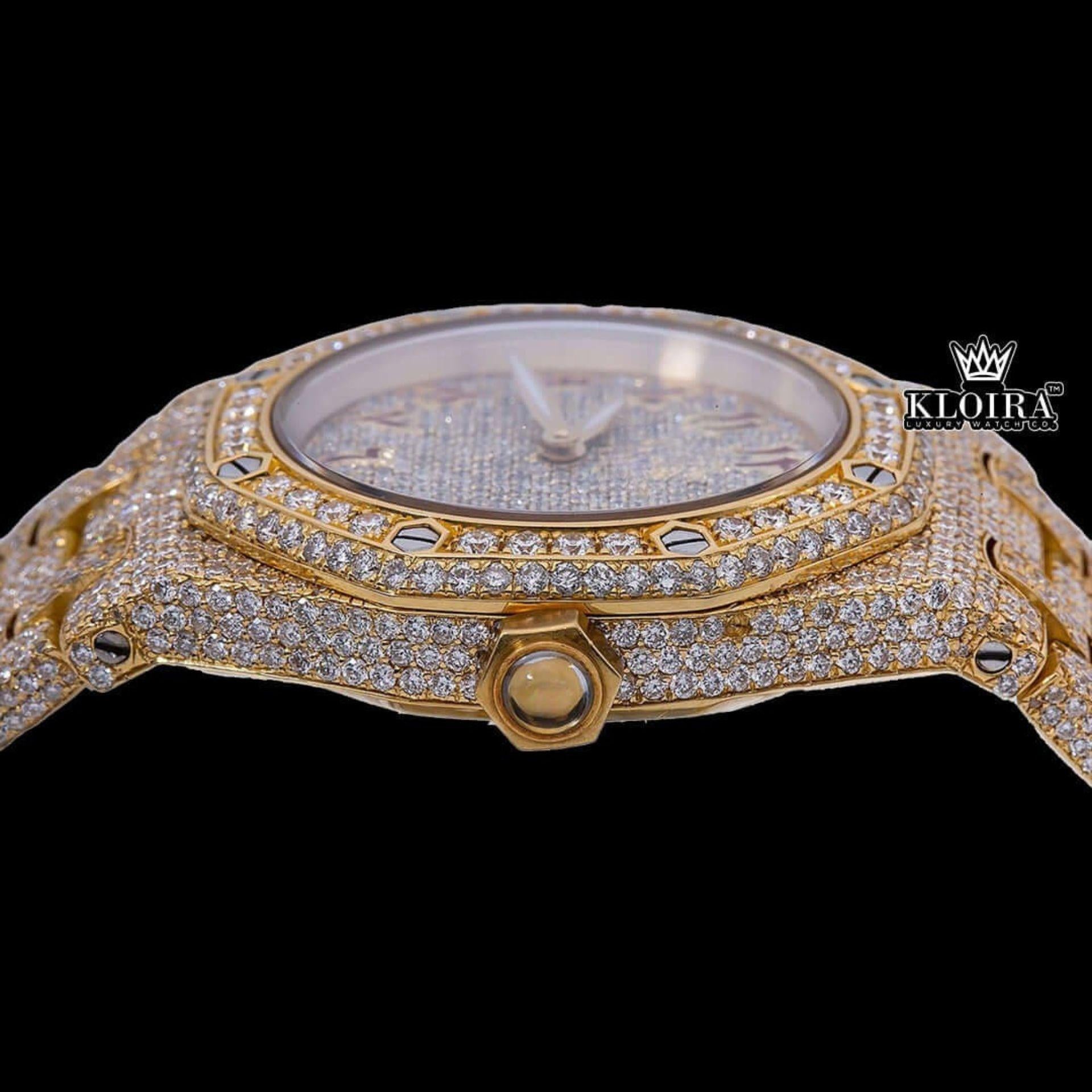 Brown Arabic Numerals Dial Fully Iced Out Yellow Gold Moissanite Watch Crown View