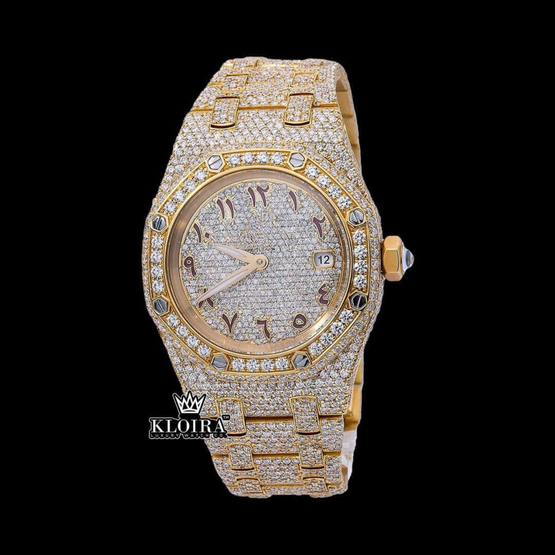 Brown Arabic Numerals Dial Fully Iced Out Yellow Gold Moissanite Watch Front View