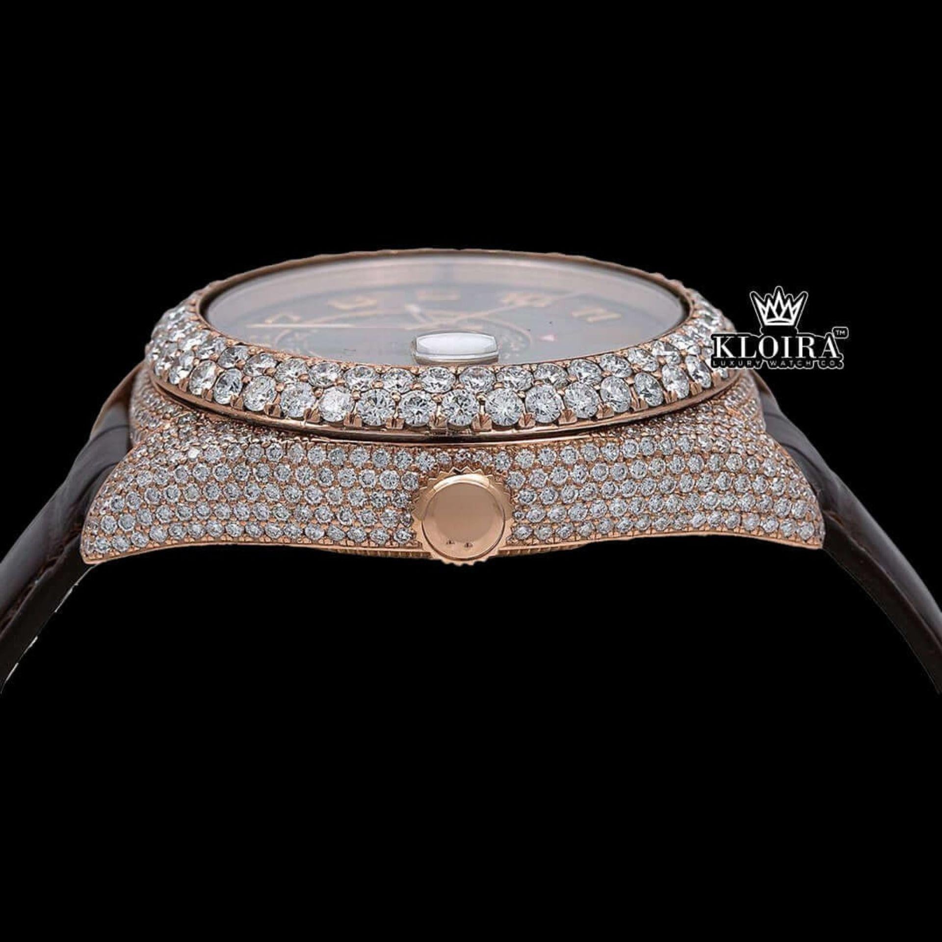 Brown Dial Standard Numerals Leather Strap Semi Iced Out Moissanite Watch Crown View